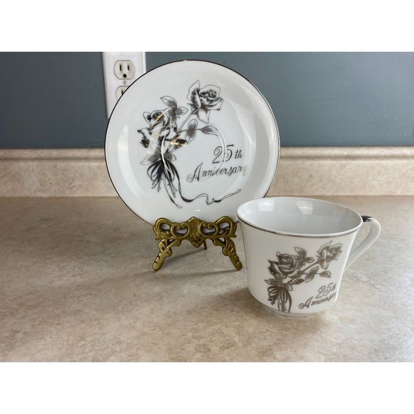 Gift Craft Bone China 25th Silver Wedding Anniversary Tea Cup And Saucer Set - Picture 1 of 7